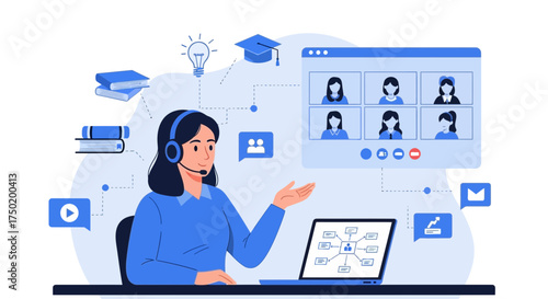 Illustration of a woman participating in a video conference for education purposes