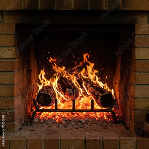 Warm, glowing embers within a traditional brick hearth, symbolizing comfort, home, and the timeless essence of a gathering space ,rustic ,fireplace ,stone