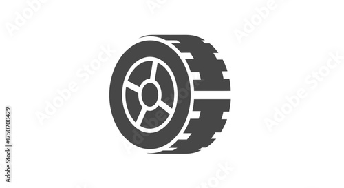 Gray tire with textured tread and five spoke hub on white background