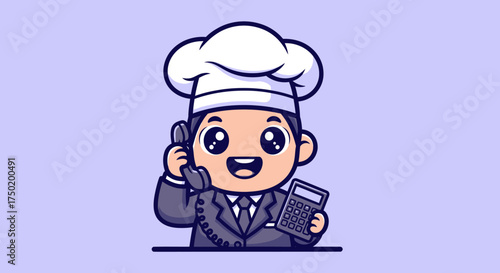 Cartoon chef in suit with a phone and calculator