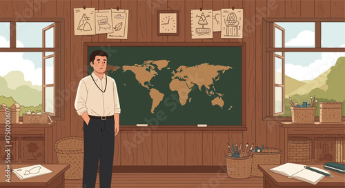 Vintage Schoolroom Scene Depicting a Teacher in a Classic Educational Setting