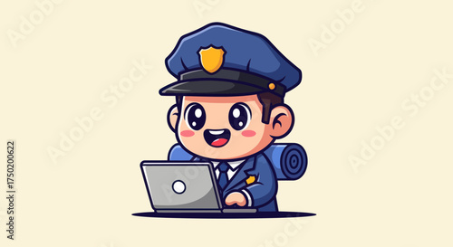 Cartoon cop with laptop, smiling
