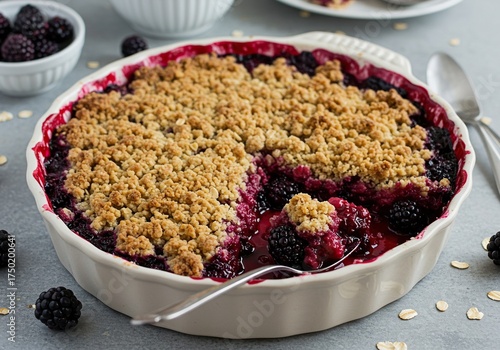 Warm, rustic blackberry crumble featuring juicy, dark berries beneath a golden, buttery oat topping, ideal for a comforting dessert ,berry dessert ,summer ,autumn