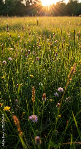 Vibrant meadow of wild grasses intermingled with colorful wildflowers under warm sunlight, creating a serene natural carpet ,sunny ,summer ,close-up