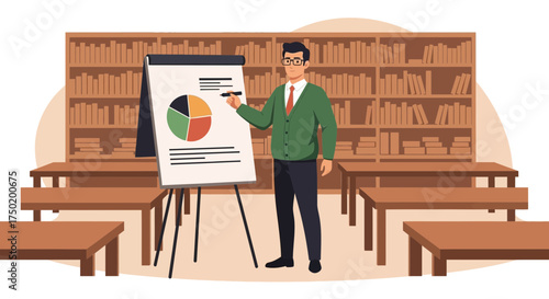 Educator delivering a business graph explanation with bookshelf background for learning