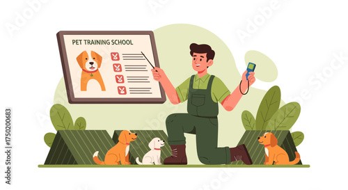 Illustrated pet training session showcasing a trainer, board, and puppies
