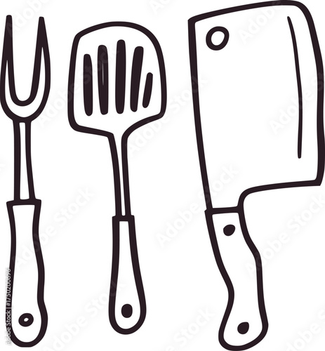 Black and white line drawing of kitchen utensils fork spatula