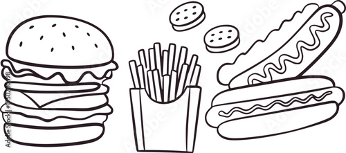 Black and white line drawing of fast food items burger french fries