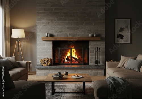 A tranquil home interior features a roaring fireplace, casting a warm, comforting glow. Perfect for serene relaxation and quiet contemplation ,relaxation ,hygge ,flames