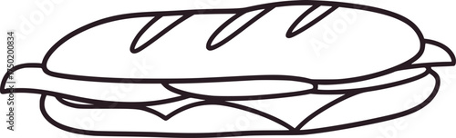 Simple black and white line drawing of a sandwich food illustration