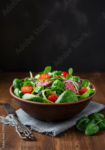 A vibrant, fresh greens salad, artfully arranged in a rustic bowl on a wooden surface, showcasing wholesome ingredients and healthy eating ,vegetarian ,healthy plate ,olive oil