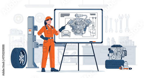 Woman Mechanic Explaining Car Engine Diagram in Auto Repair Workshop Training Session