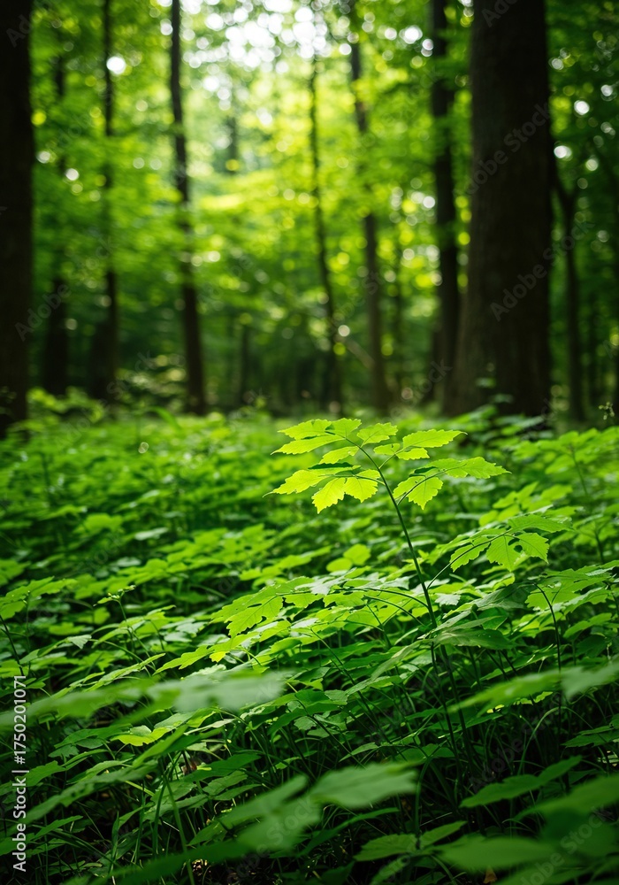 Obraz premium Lush, vibrant green foliage thrives in a sun-drenched forest, embodying natural healing, serenity, and ecological wellness ,vitality ,plants ,balance