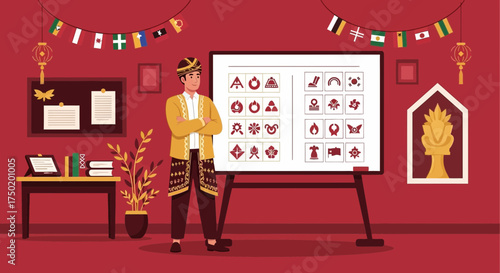 Cultural insights presentation with international decorations in vibrant red room