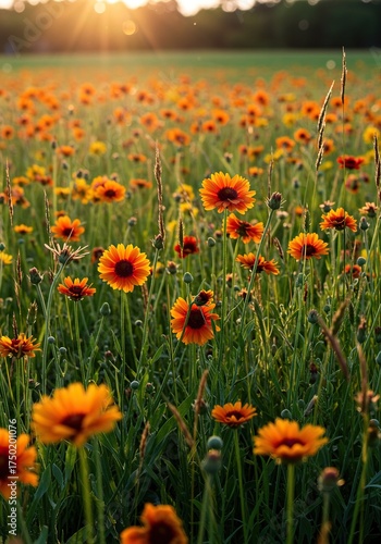 Vibrant wild blooms sway gently in a sunlit meadow, showcasing nature's untamed beauty. A picturesque scene of colorful blossoms ,outdoors shot ,field ,tranquil scene