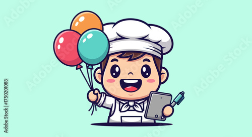 Cartoon chef, balloons, tablet