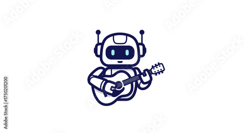 Blue-outlined robot with antennae, playing guitar on a white background
