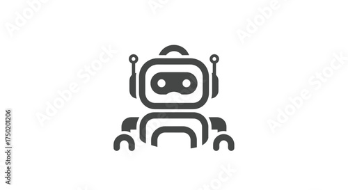 A gray, geometric robot icon on a white background