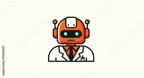 Orange robot scientist in lab coat on off-white