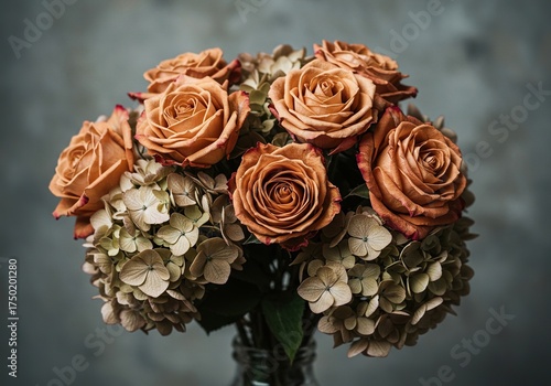 A beautifully faded bouquet of roses and hydrangeas, exuding timeless elegance with soft, muted tones, perfect for a nostalgic design project ,soft ,historical ,art