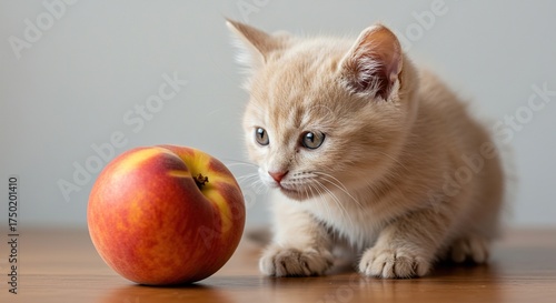 A small, fluffy animal, possibly a kitten or puppy, with gentle peach-colored fur, curiously sniffing a fresh, ripe peach fruit. Sweet and adorable ,soft ,pastel ,wholesome