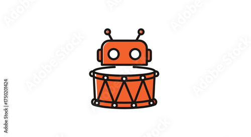 Orange robot with antennae standing atop a matching orange drum