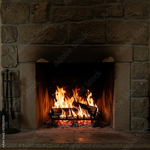 Gentle flames dance in a stone hearth, casting a soft, comforting light across a quiet room, embodying serene domestic tranquility ,calm ,ambiance ,gentle heat