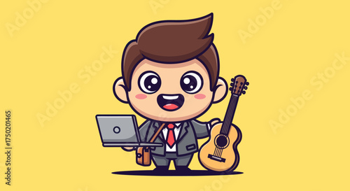 Cute cartoon character with laptop and guitar on yellow background