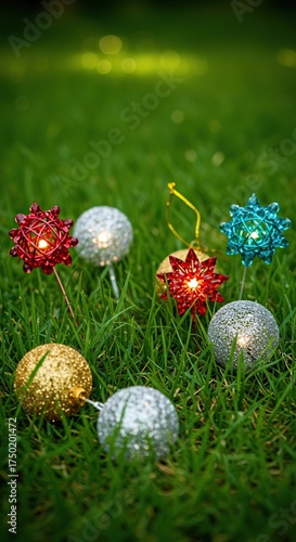 Sparkling decorative ornaments nestled gracefully within vibrant green blades of fresh grass, creating a whimsical outdoor scene ,element ,natural ,close-up