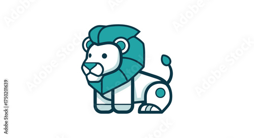 Stylized cartoon lion with geometric shapes in teal and white
