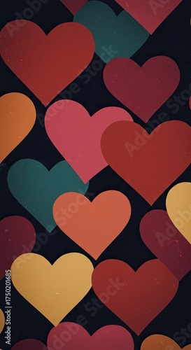 Nostalgic retro heart pattern with a vintage vibe, featuring a playful arrangement of colorful shapes for romantic designs and backgrounds ,festive ,groovy ,80s
