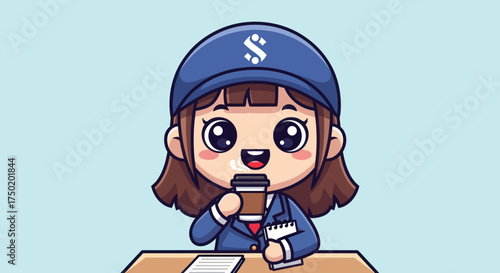 Cartoon worker with coffee, notepad, hat and uniform against a blue background