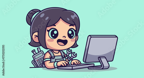 Cute cartoon coder at a computer with tools