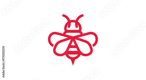 Simplified red bee with rounded features on a stark white background