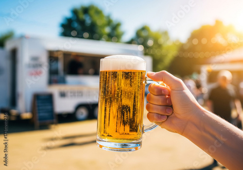 Refreshing beer mug in hand at outdoor festival, a moment of summer celebration and golden refreshment perfect for lifestyle and festive marketing