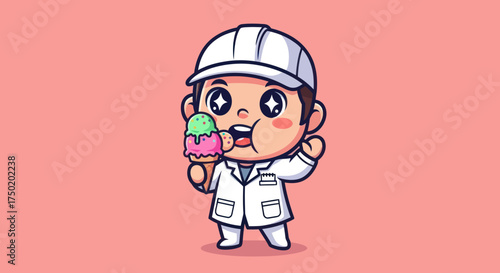 Cartoon character joyfully eating a colorful ice cream cone
