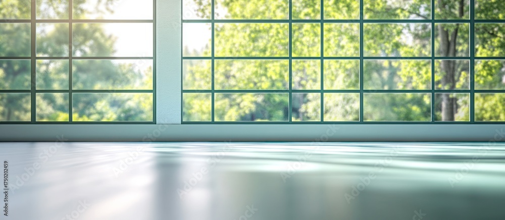 Fototapeta premium Bright room with gridded window overlooking green trees