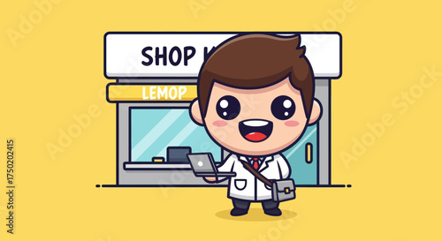 Cartoon entrepreneur by shop