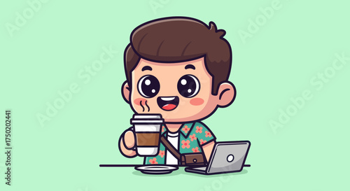 Cartoon man with coffee, laptop