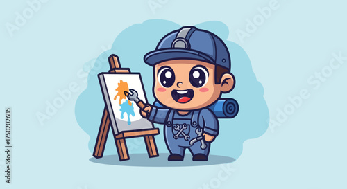 Cartoon mechanic painting canvas with wrench