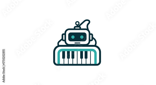 Line art of a robot musician, atop a piano