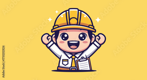 Cartoon engineer joyfully raises hands