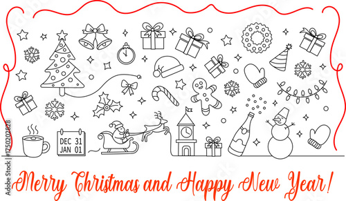 Greeting card and vector linear set for Christmas and New Year on a transparent background. Each object is separate. Suitable for greeting cards, posters, coloring pages, festive design