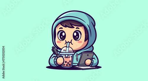 Hooded figure drinking boba