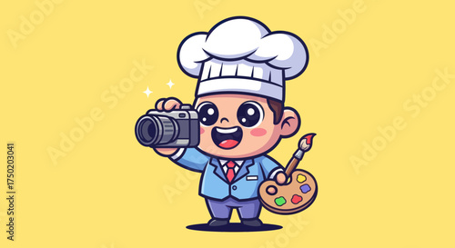 Cartoon chef-artist with camera and palette on yellow