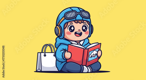 Cartoon boy in aviator helmet reads a book beside a shopping bag