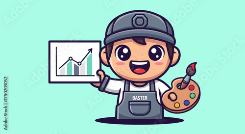 Cute cartoon Baster artist presenting sales graph