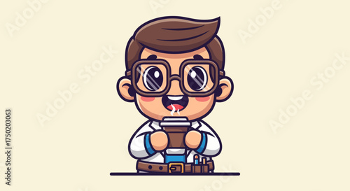 Cartoon doctor with glasses enjoying a hot beverage
