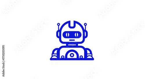 Blue outlined robot with rounded head and rectangular torso on white