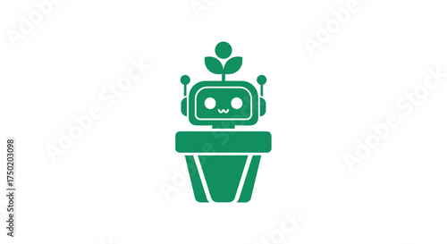 Green robot in a pot with sprouts